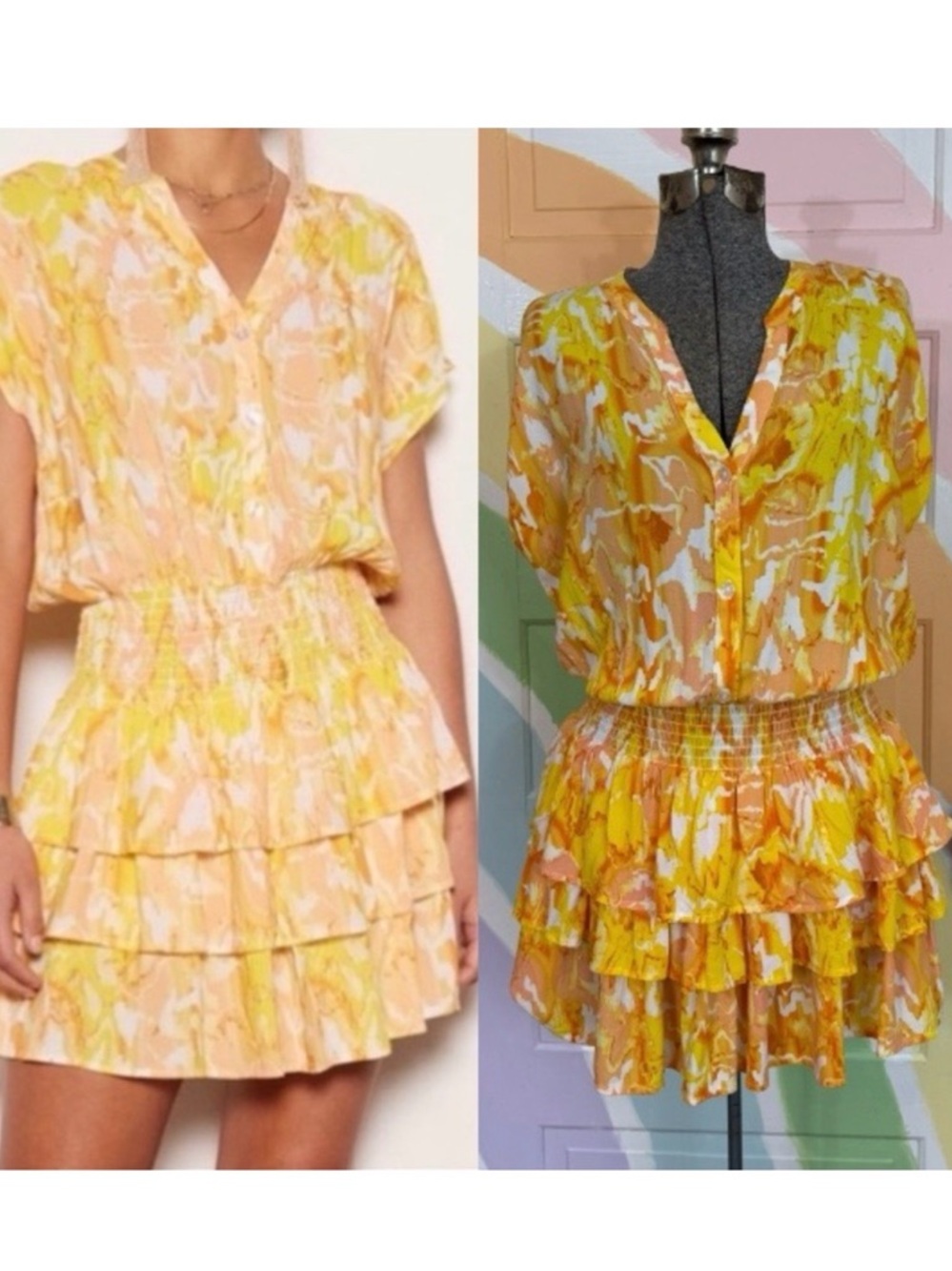 Tart Kalli Mini Dress Smocked Elastic Waist Flutter Hem Sz Small 💚🍄